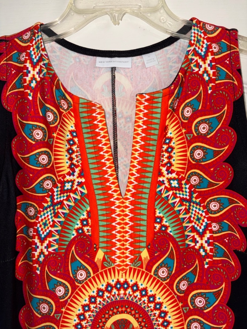 New York & Company Black Midi Dress with Red Orange Multicolor Tribal Print - Picture 2 of 10